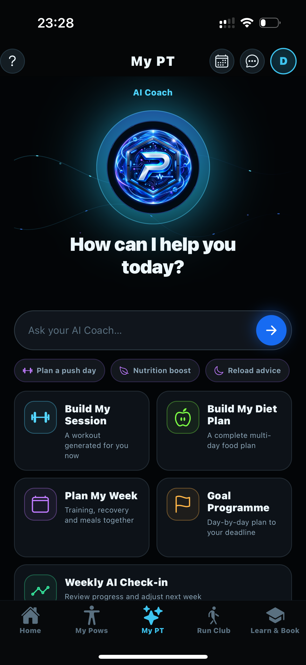 MyPT AI coach inside the POWS app